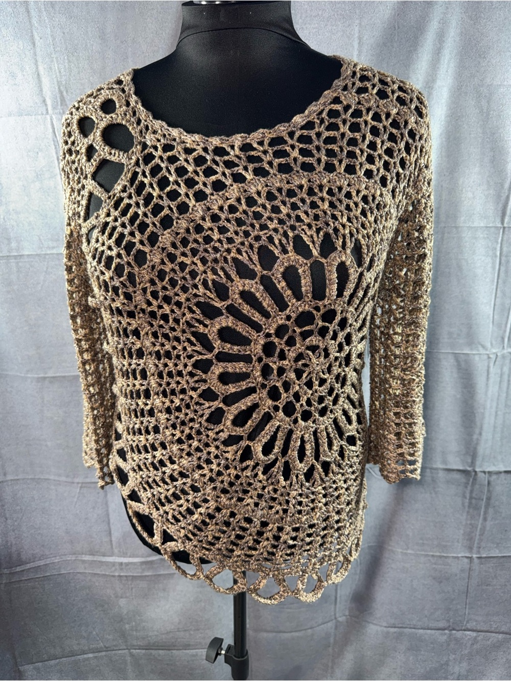 3039-Dress Barn Open-Weave Crochet Scoop Neck Sweater - Taupe